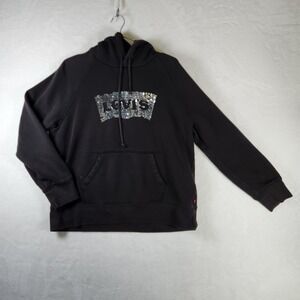 Levi's Womens Hoodie Sweatshirt Medium Black Sequin Logo Pullover Casual